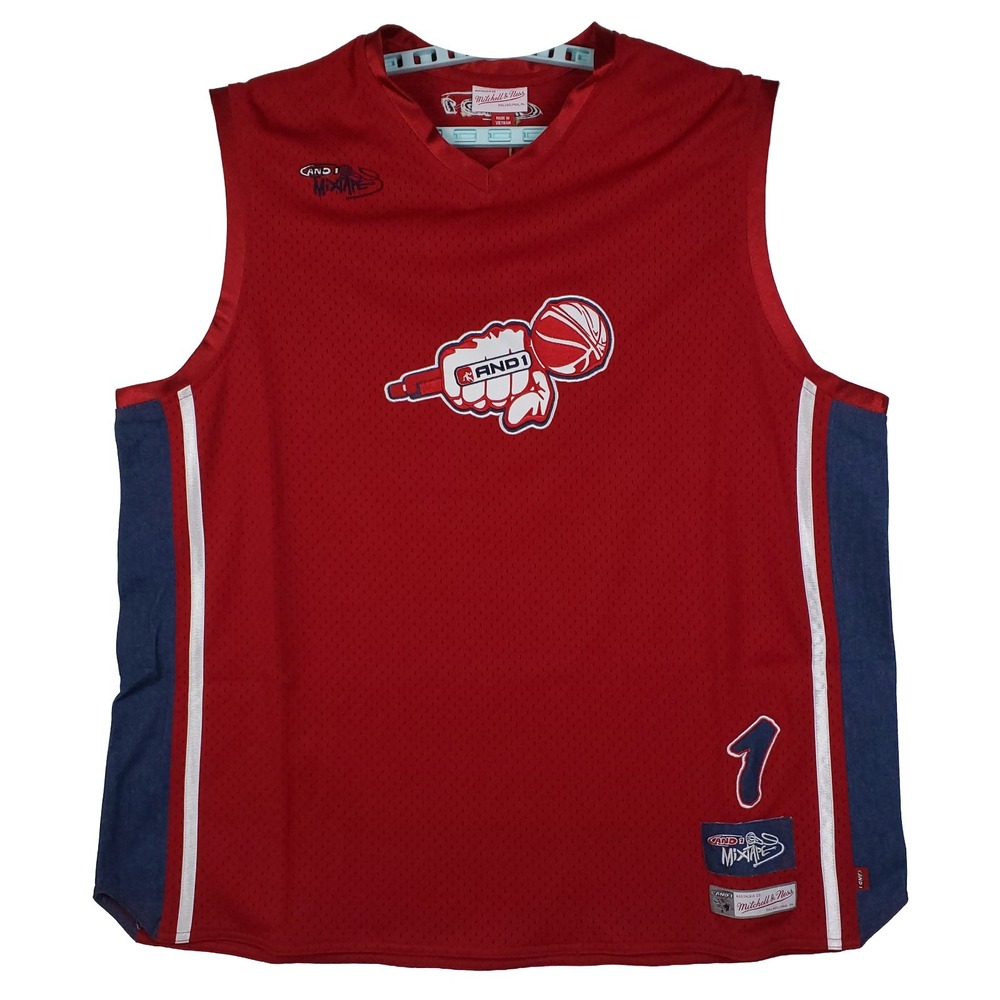 AND1 Mixtape Mitchell‎ & Ness 2XL XXL Jersey Fist Mic Logo Red Navy Denim NWT